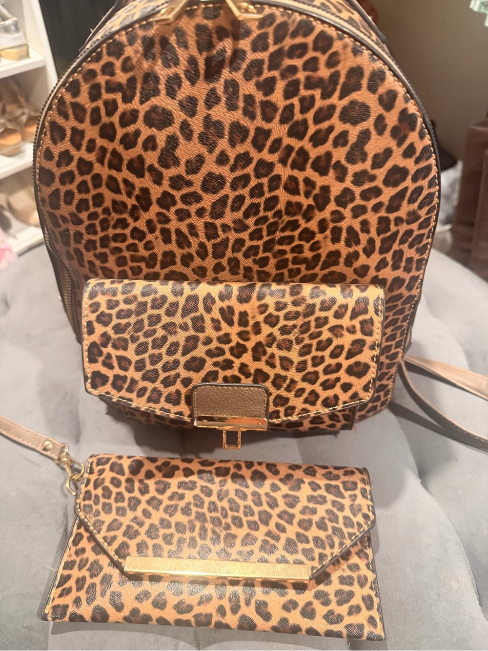 Leopard Print Women’s Backpack and Wallet Set - Brown Leopard